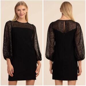 Trina Turk black sheer mesh sequin balloon sleeve sheath dress size 10